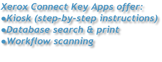 Xerox Connect Key Apps offer: Kiosk (step-by-step instructions) Database search & print Workflow scanning